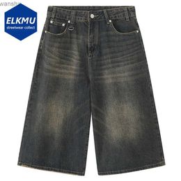 Men's Shorts Mens retro loose denim shorts blue wide leg jeans mens summer casual bagged jeans black jeansL2404