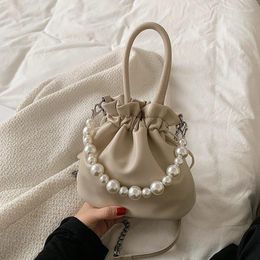 Totes Pearl Chain PU Bucket Bags Elegant Princess Handbag Fold Design Soft 2 Shoulder Straps Women Handbags