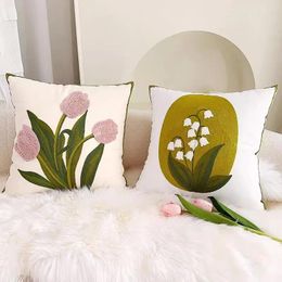 Pillow 1Pc Tulips Handmade Throw Cover Decorative Pink Cotton Pillowcases With Hidden Zipper For Couch Bed Living Room