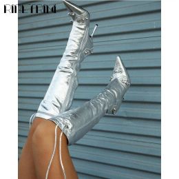 Boots Sexy Stiletto High Heel Women Boots Metallic Gold Silver Rivit Brand Pointed Toe Platform Shoes Zipper Luxury Sexy Party Boots