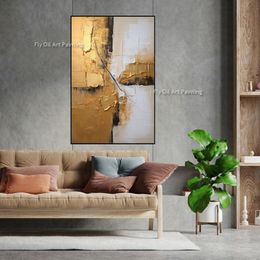 Handmade Large Minimalist Gold White Textured Artwork Canvas Oil Painting White Beige Unique Gold Canvas Decor Art For Office Living Room Bedroom Decor