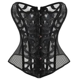 Sexy Waist Training Corset Body Shaper Women Corset Black Lace up Boned Overbust Corset Transparent Floral Pattern Mesh Gothic C9535532