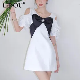 Party Dresses Summer Elegant Fashion Bow Patchwork Off The Shoulder Mini Robe Femme Short Sleeve Ruffles Vestidos Women Sexy Bodycon Dress