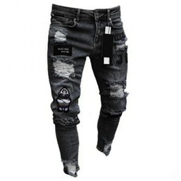 Men Stretchy Ripped Skinny Biker Embroidery Cartoon Print Jeans Destroyed Hole Slim Fit Denim High Quality Hip Hop Black Jeans 240319