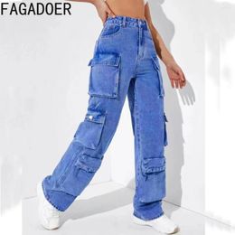 Women's Pants FAGADOER Fashion Pocket Sporty Denim Cargo Women High Waisted Button Straight Jean Casual Elasticity Cowboy Bottoms 2024