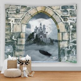 Tapestries Living Room Wall Canvas Tapestry 3D Printed Vintage Style Stone Door Castle Home Bedroom Background Art Asthetic Decor