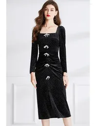 Casual Dresses Vintage Square Neck Dot Print Party Prom Dress For Women Luxury Diamonds Bowknot Velvet Sexy Split Bodycon Vestidos