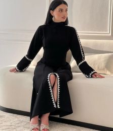Fashionvane Black Front Slit Prom Dresses Saudi Arabia Women Wear High Collar Rhinestone Long Sleeves Evening Formal Gowns