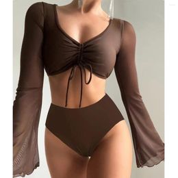 Women's Swimwear Cikini-Women's Split Monochromatic High Waist Swimsuit Drawstring Front Bikini Beach Summer Bathing Suit 2024