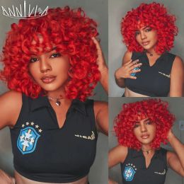 Wigs Red Curly Wig With Bangs For Black Women Short Afro Kinky Curly Wig Synthetic Natural Glueless Ombre Blonde Brown Cosplay Wig