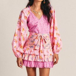 Casual Dresses GypsyLady Boho Floral Printed Mini Dress Autumn Chic Vintage Women V-neck Belted Holiday Beach Ladies Party