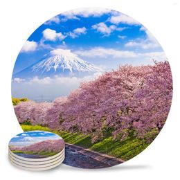 Table Mats Fuji Mountain Cherry Blossom Japan Ceramic Set Kitchen Round Placemat Luxury Decor Coffee Tea Cup Coasters