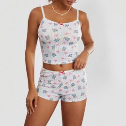 Home Clothing Women's Summer Loungewear Set Bow&Bear Print Sleeveless Crop Cami Tops Shorts 2 Pieces Sleepwear Pyjamas Spaghetti Wears