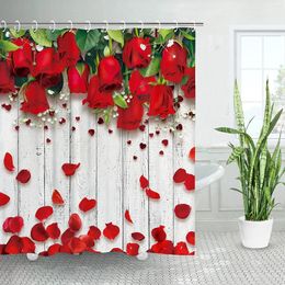 Shower Curtains Red Rose Curtain Natural Flowers Green Leaves Petal Valentine's Day Bathroom Decor Polyester Fabric Girl Woman Gift Hooks