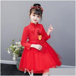 Ethnic Clothing Red Embroidery Phoenix Flower Girl Chinese Dress Qipao Children Cheongsam Kids Oriental Style Dresses Princess Drop De Dh0Wo