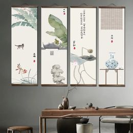 Chinese style green plant cat scroll painting poster printing living room home decoration painting wall art picture with frame 240325