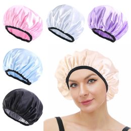 1Pc New Reusable Waterproof Shower Cap Women satin Shower Hair Bonnet Elastic Bath Hat Double Layer Thick Shower Cap Head Cover