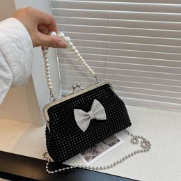 Evening Bag Light Luxury Clip Mouth Sparkling Diamond Shoulder Bag Spring and Summer Bow Pattern Banquet Pearl Handheld Underarm Bag