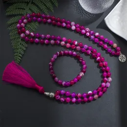 Necklaces 8mm Rose Red Striped Agate Mala Necklace 108 Japamala Beaded Knotted Meditation Yoga Spiritual Life Tree Woman Jewelry Sets