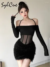 Casual Dresses Sylcue Sweet Gentle Black Mysterious Sexy Mature Beautiful Women'S Winter Long Sleeve Neck Flocking Hip Dress