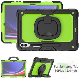 360 Rotating Handle Grip Case For Samsung Galaxy Tab S9 Plus 2023 12.4 inch S9+ S9FE+ Silicone Armour Cover Kids Shockproof Pull Ring Shoulder Strap Stand Tablet Cover