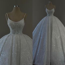 Princess Crystal Ball Gown Wedding Dress for Bride Spaghetti Sequins Beading Wedding Dresses Sweep Train Ruffle Robe De Mariage Bridal Gowns