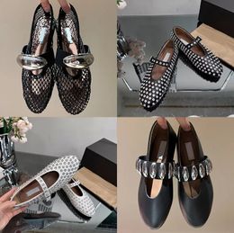 Designer Luxury Shoes Women Ballet Flats Hollowed Out Mesh Sandal Mules Round Head Rhinestone Rivet Buckle Mary Genuine Leather Jane Shoes Loafers Slide On Shoes