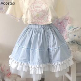 Cute Preppy Style Lolita Style Skirts Women Kawaii Lace Elastic Waist Mini Skirt Girls Harajuku Y2k Ruffles Party Short Skirt 240326