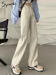 Women's Jeans Syiwidii Women 2024 Korean Fashion Waist Button Adjust Straight Wide Leg Denim Pants High Xs Beige Black
