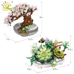 HUIQIBAO MOC DIY Mini Immortal Cherry Blossoms Succulent Potted Plants Building Blocks Friend Romantic Decorate City Kit Toys