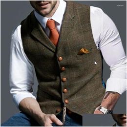 Men'S Casual Shirts Mens T Business Suit Vest Lapel V Neck Wool Plaid Brown Waistcoat Formal Groomsman Jacket For Wedding Clothing D Dhujt
