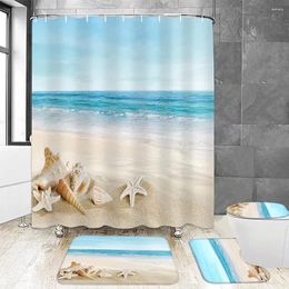 Shower Curtains 4Pcs Summer Beach Curtain Sets Sea Ocean Bathroom Decor With Non-Slip Floor Rugs Bath Mat Toilet Lid Cover Starfish Shell