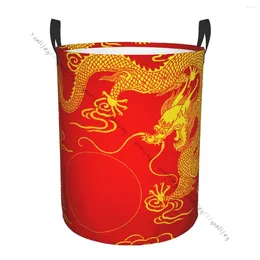 Laundry Bags Basket Round Dirty Clothes Storage Foldable Dragon Gold On RED Hamper Organiser