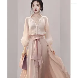 Work Dresses French Skirt Two Piece Set Spring Women Chiffon Embroidery Shirt Elegant Lace-Up High Waist Long Party Outfits J111