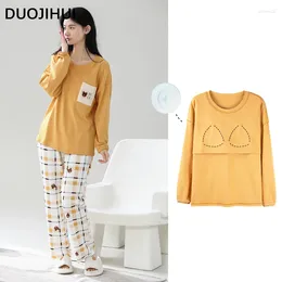 Home Clothing DUOJIHUI Yellow Fashion Printing Loose Pyjamas For Women Autumn O-neck Chicly Bra Pullover Basic Pant Casual Female Set