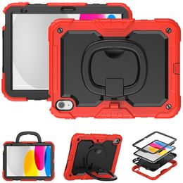 For iPad 10th 10.9 inch Case 360 Rotating Stand Handle Grip Shockproof Kids Safe Cases Heavy Duty Hybrid Full-body Protective Cover with Screen PET Film +Shoulder Strap