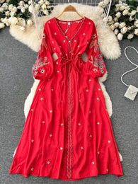 Casual Dresses Boho Holiday Dress For Women Embroidery Printing Puff Sleeve V-neck Female Loose Ladies Lace-up Vestidos Mujer Dropship