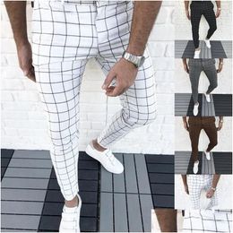 Mens Pants Smart Casual Fashion Clothing Plaid Pencil Thin Mid Waist Jogger Trousers For Men Drop Delivery Apparel Dhado