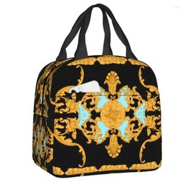 Storage Bags Seamless Pattern With Golden Baroque Thermal Insulated Bag European Floral Portable Lunch Tote Multifunction Food Box