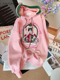 Women's Hoodies Commute Style Retro Cartoon Embroidered Sweatshirt Spring Women Clothing Korean Fashion Colour Matching Oversized