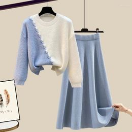 Work Dresses Plus Size Women's Spring Autumn Two Piece 2024 Loose O Neck Knitted Sweater A Line Half Skirt Two-Piece Set