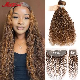 P4/27 Water Wave Bundles With Frontal Closure 30 Inch Highlight Ombre Brown Blonde Bundles Curly Human Hair Bundles With Closure