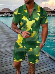 Hawaii suits 3D Animal Print Men Polo shirts 2pcs Set Zipper Lapel Sets CollarShorts Summer Holiday Man Clothing 240328