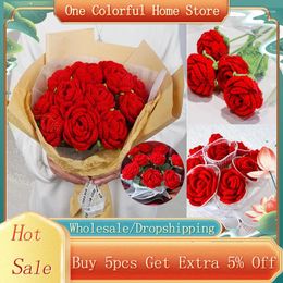 Decorative Flowers 1PC Handmade Knitted Rose Year Valentine's Day Flower Gift Home Dining Table Decoration Fashion Wedding Artifical