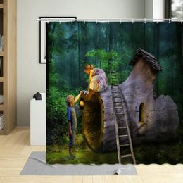 Shower Curtains Spring Natural Scenery Curtain Mountain Wooden House Print Bathroom Waterproof Fabric Bathtub Decor With Hooks