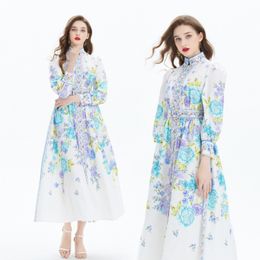 Long Sleeve Floral White Beach Party Dress Maxi Designer Women Print Belt Cardigan Shirt Dresses Stand Collar Elegant Ladies Casual Resort Cocktail Robes Clothes