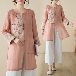 Ethnic Clothing 2024 Traditional Chinese Retro Hanfu Vintage Cotton Linen Blouse Oriental Flower Embroidery Service Zen Suit