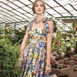 Casual Dresses Midi Floral Dress Women 2024 Summer Blue And White Porcelain Spaghetti Strap Sundress Print Long Beach Fashion Vestidos