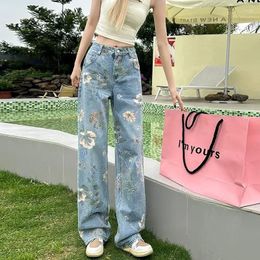 Women's Jeans Flower Printing Loose Old -style Width Y2K Street Clothing Female KPOP Wide -leg Pants 2024