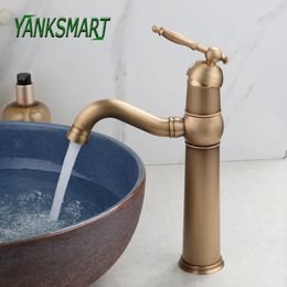 Bathroom Sink Faucets YANKSMART Antique Brass Faucet Basin And Cold Water Mixer Tap Deck Mounted 360 Swivel Spout